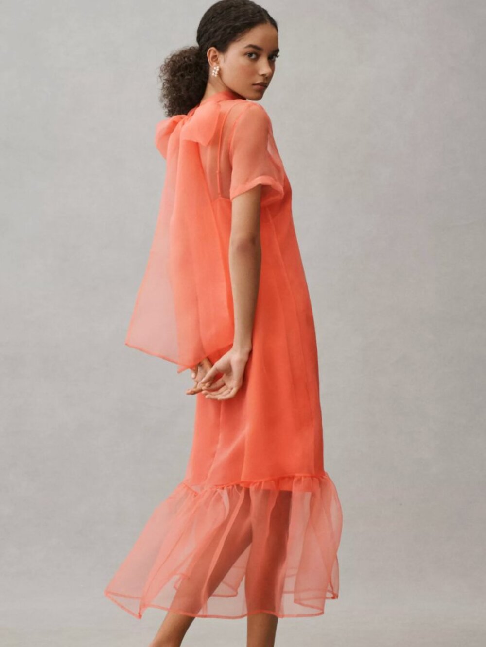 BHLDN Coral Sheer Midi Dress with Ruffle Hem